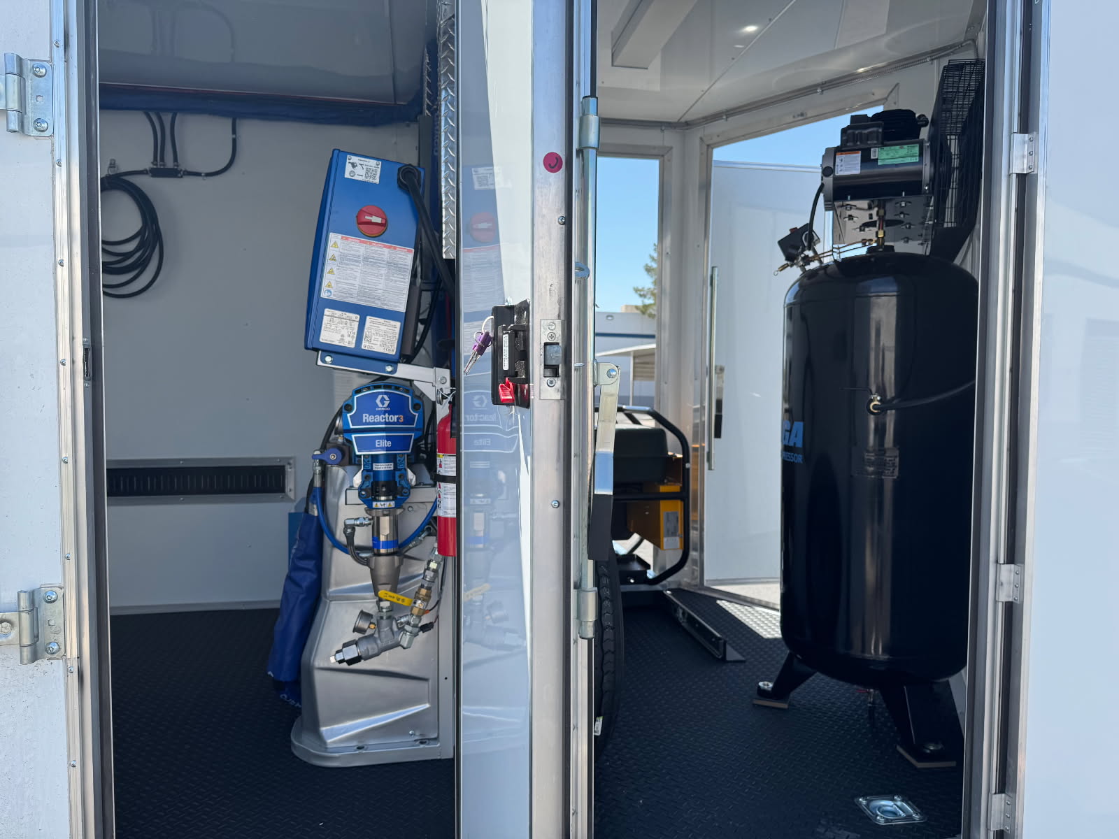 Graco E20 Reactor 3 Pro spray foam rig with Graco PC Fusion gun, 22 kW gas generator separate room, and 7'x16' trailer