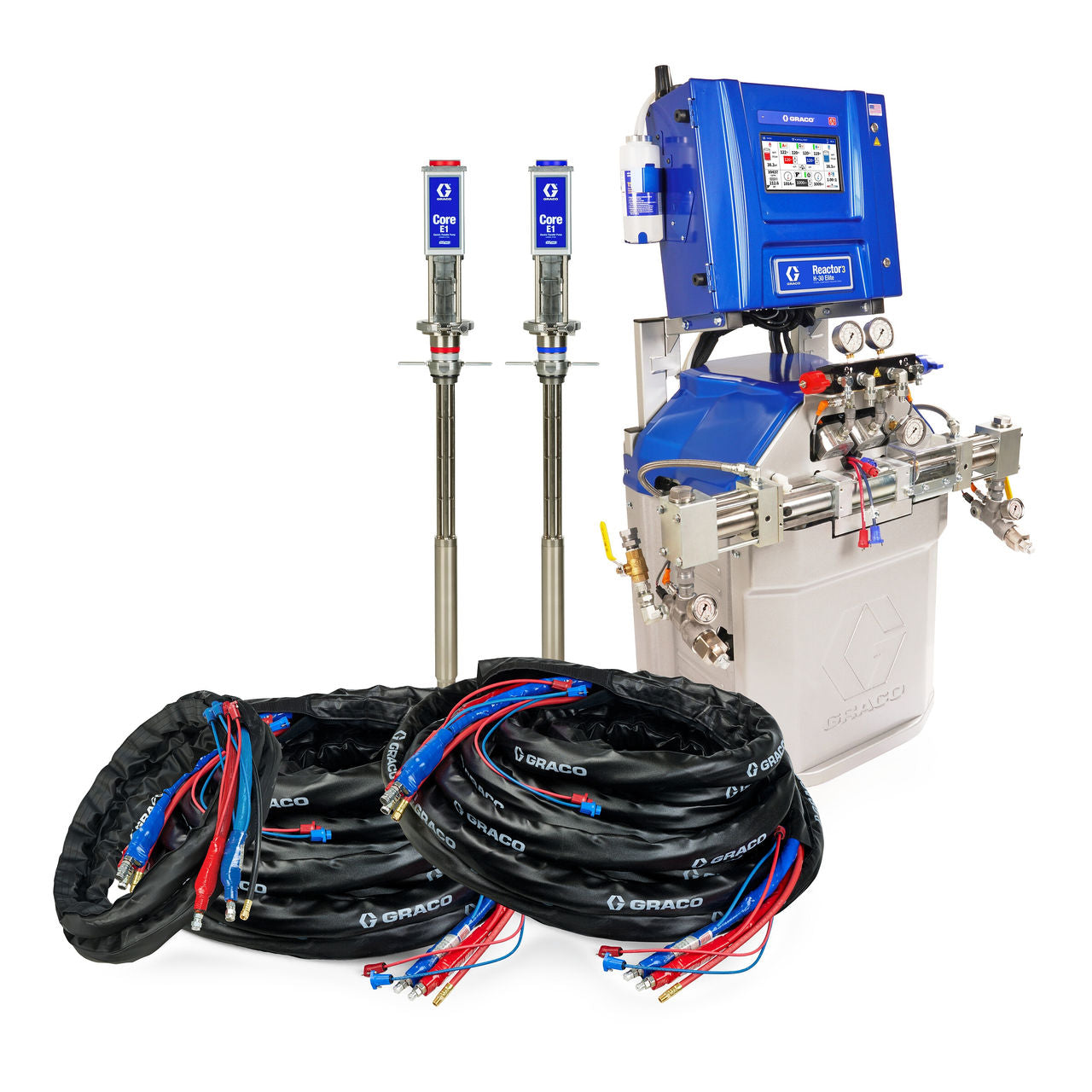 Reactor 3 H-30 Elite Tier Spray Foam Proportioner Package, 200 ft Internal Heated Hose, 20 ft Xcelerator Whip Hose, Core E1 Transfer Pumps, 60 Hz, Graco Part CHR357