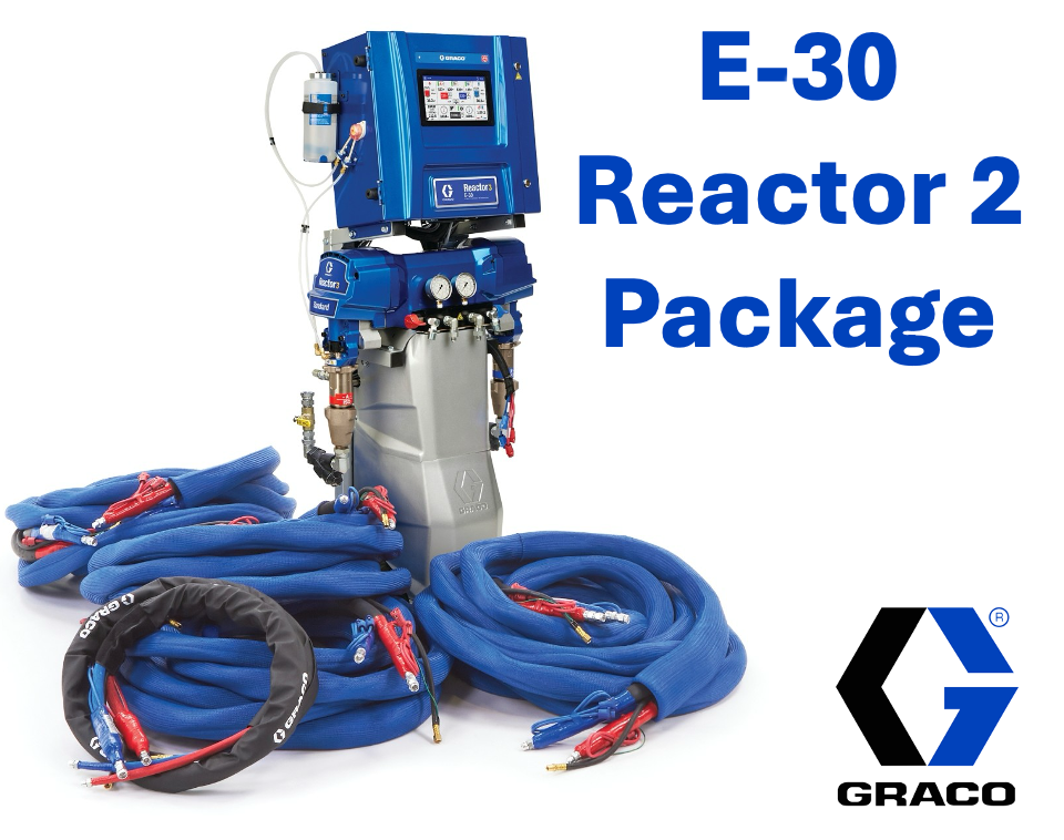 Graco E30 Reactor 2 spray foam rig with Graco AP Fusion gun, 100 feet of shore power cable, and 7'x16' trailer
