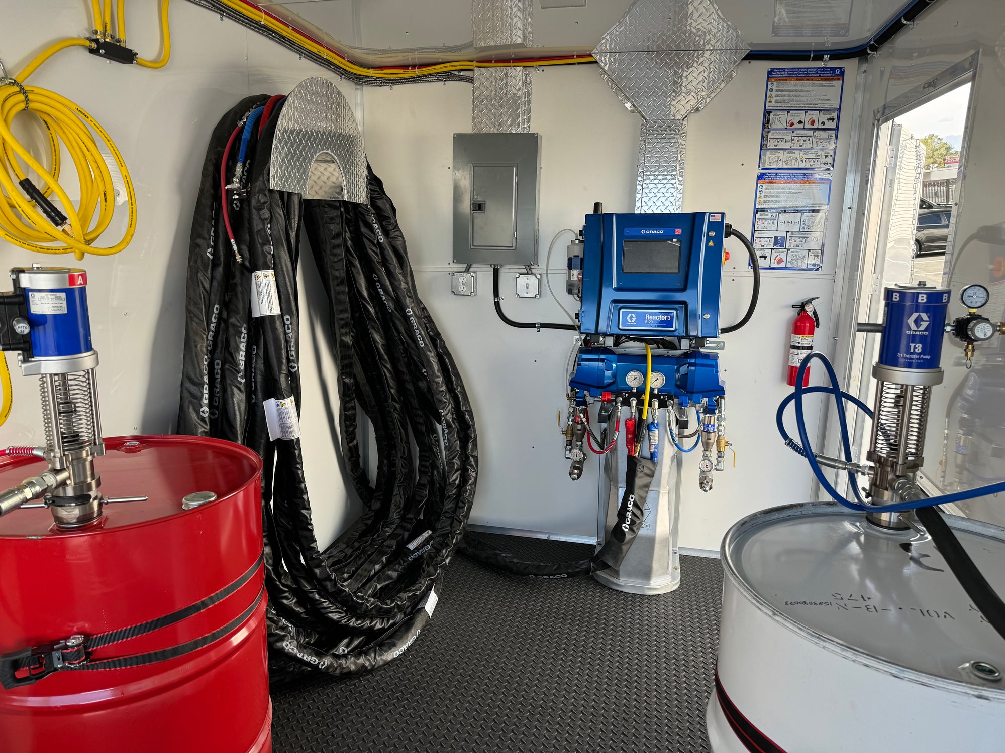 Graco E20 Reactor 3 Pro spray foam rig with Graco PC Fusion gun, 25kW diesel generator, and 7'x20' trailer