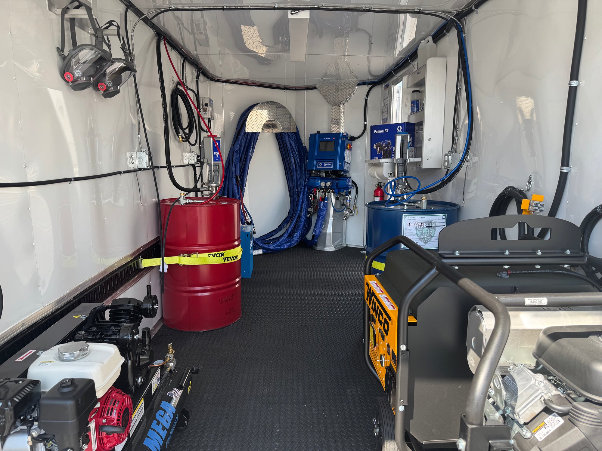 Graco E20 Reactor 3 Pro spray foam rig with Graco PC Fusion gun, 22 kW gas generator, and 7'x16' trailer