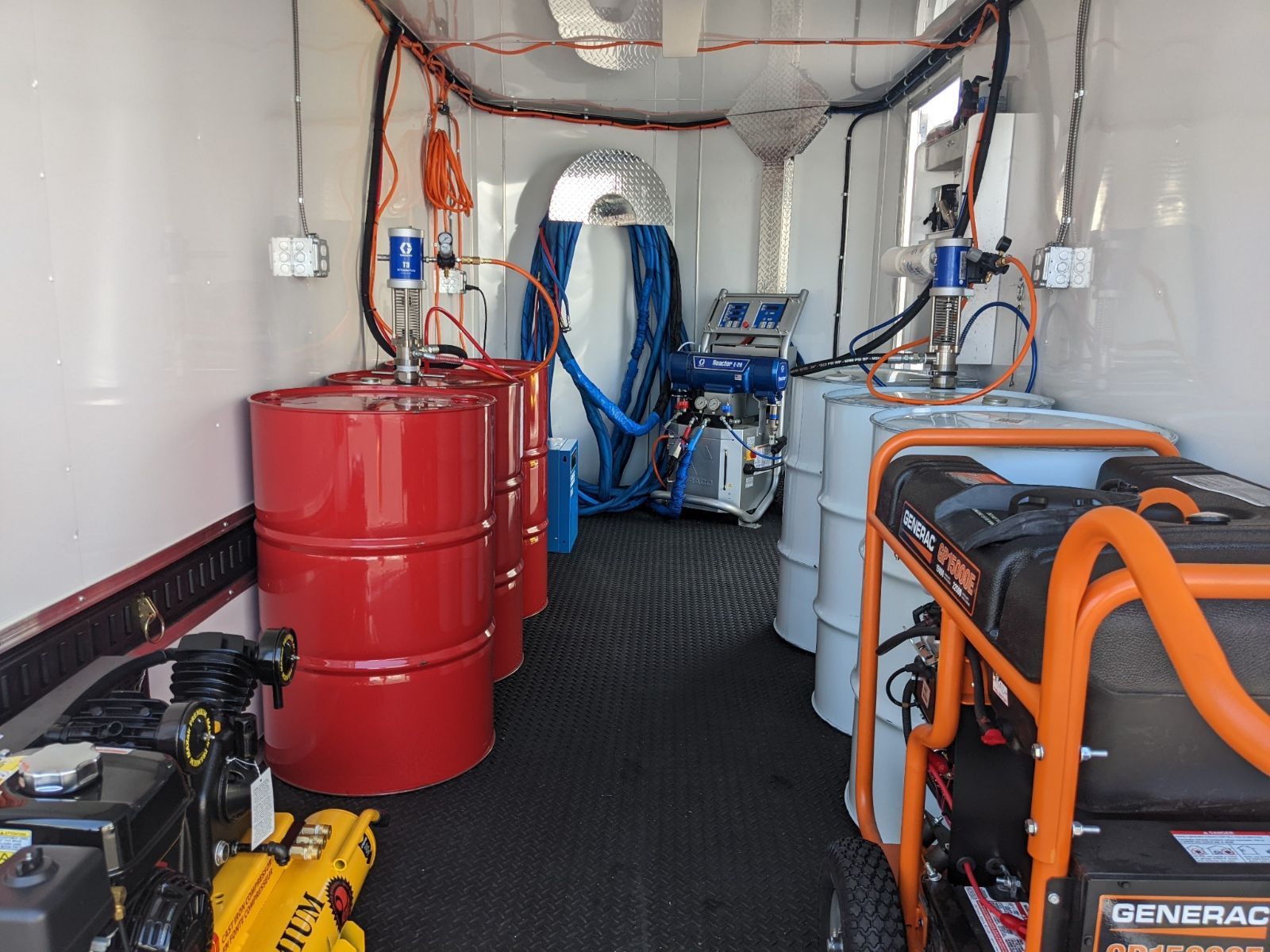 Graco E20 spray foam rig with Graco AP Fusion gun, 15 kW gas generator, and 7'x16' trailer