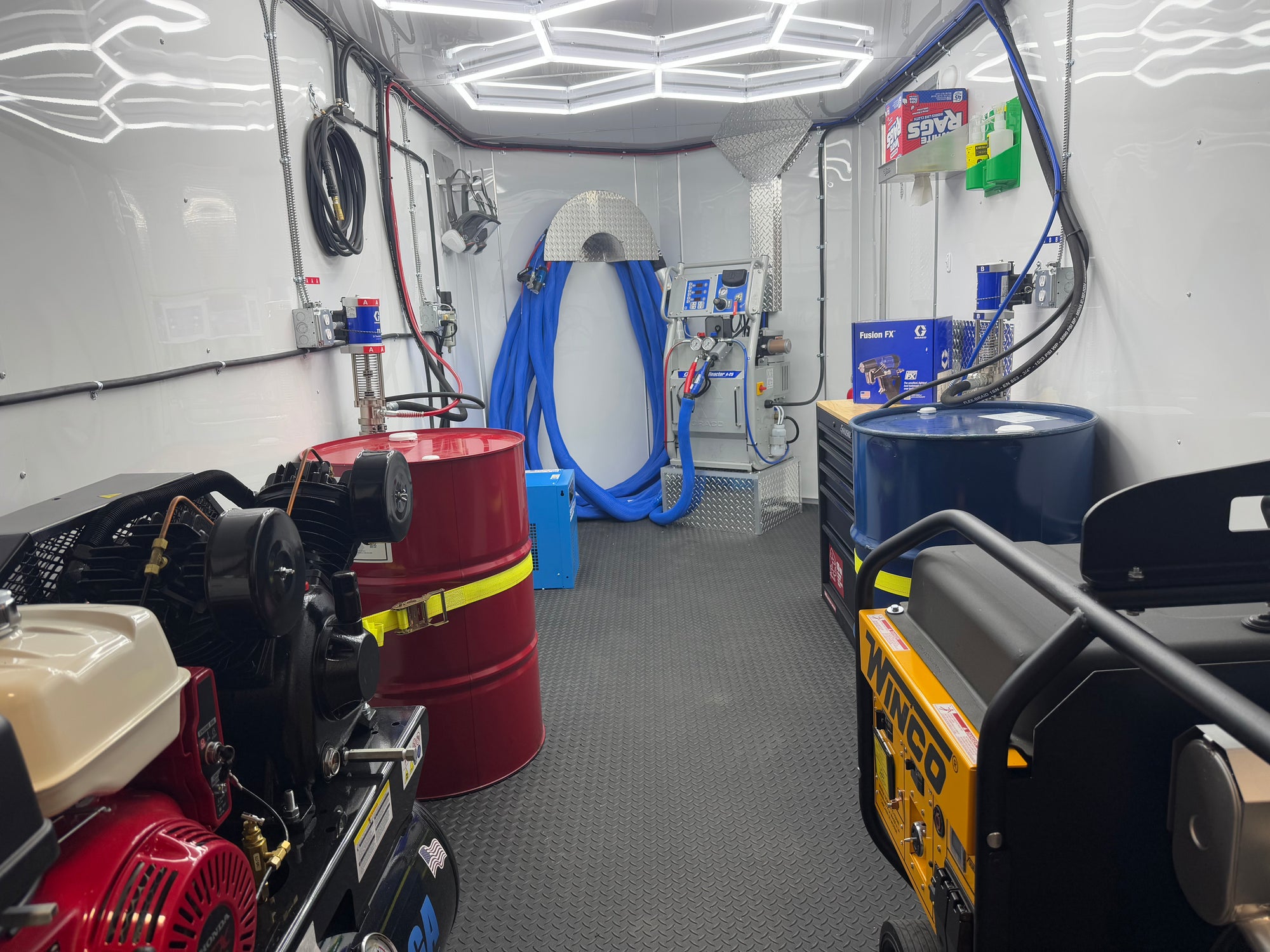 Graco A25 spray foam rig with Graco AP Fusion gun, 14 kW gas generator, and 7'x16' trailer