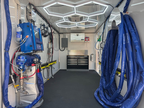 Graco E30 Reactor 3 spray foam rig with Graco PC or FX Fusion gun, 40kW diesel generator, and 7'x20' trailer with double door