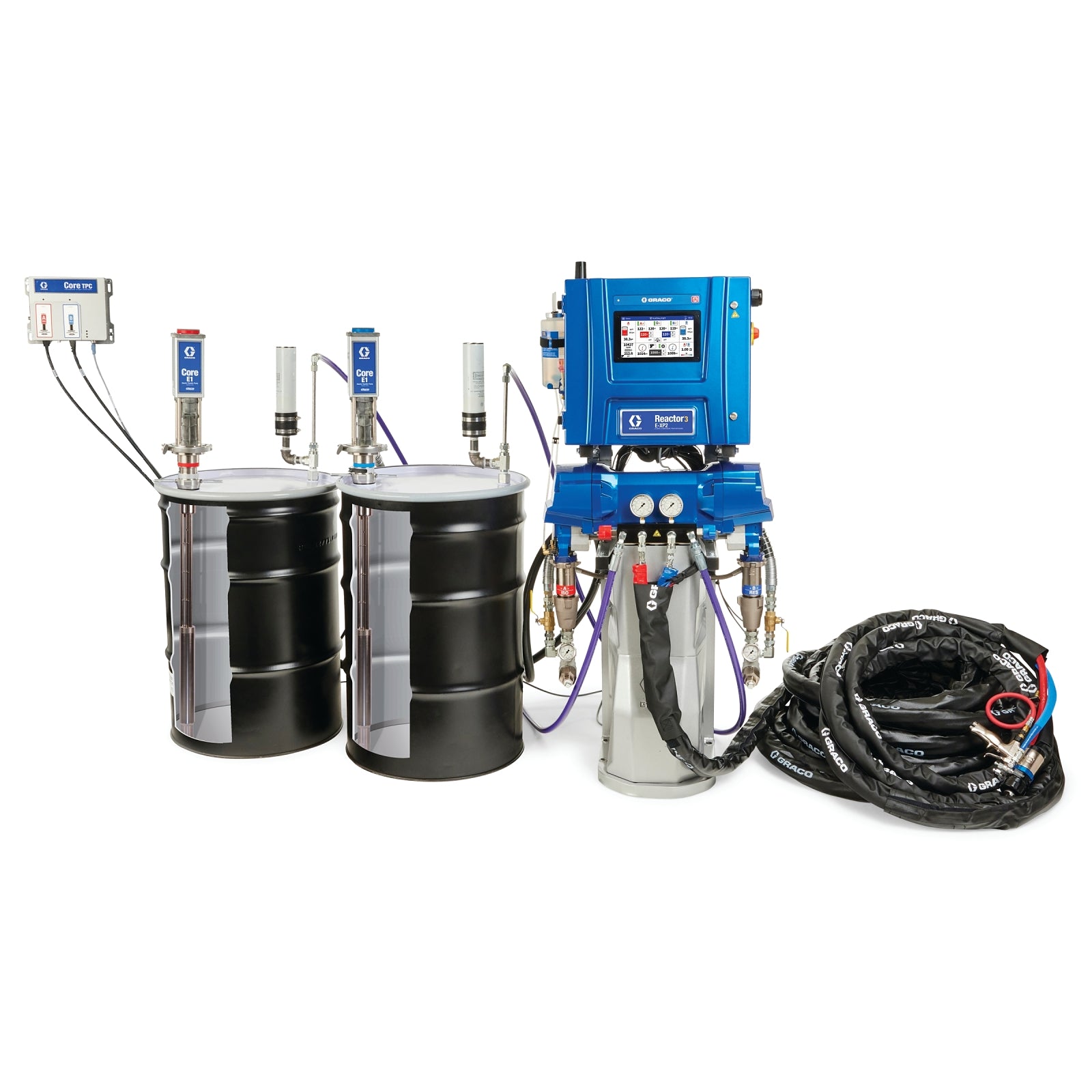 Reactor 3 E-XP2 Elite Tier Polyurea Proportioner Package, 50 ft Internal Heated Hose, 15 kW, E1 Transfer Pump, Graco Part CSR342