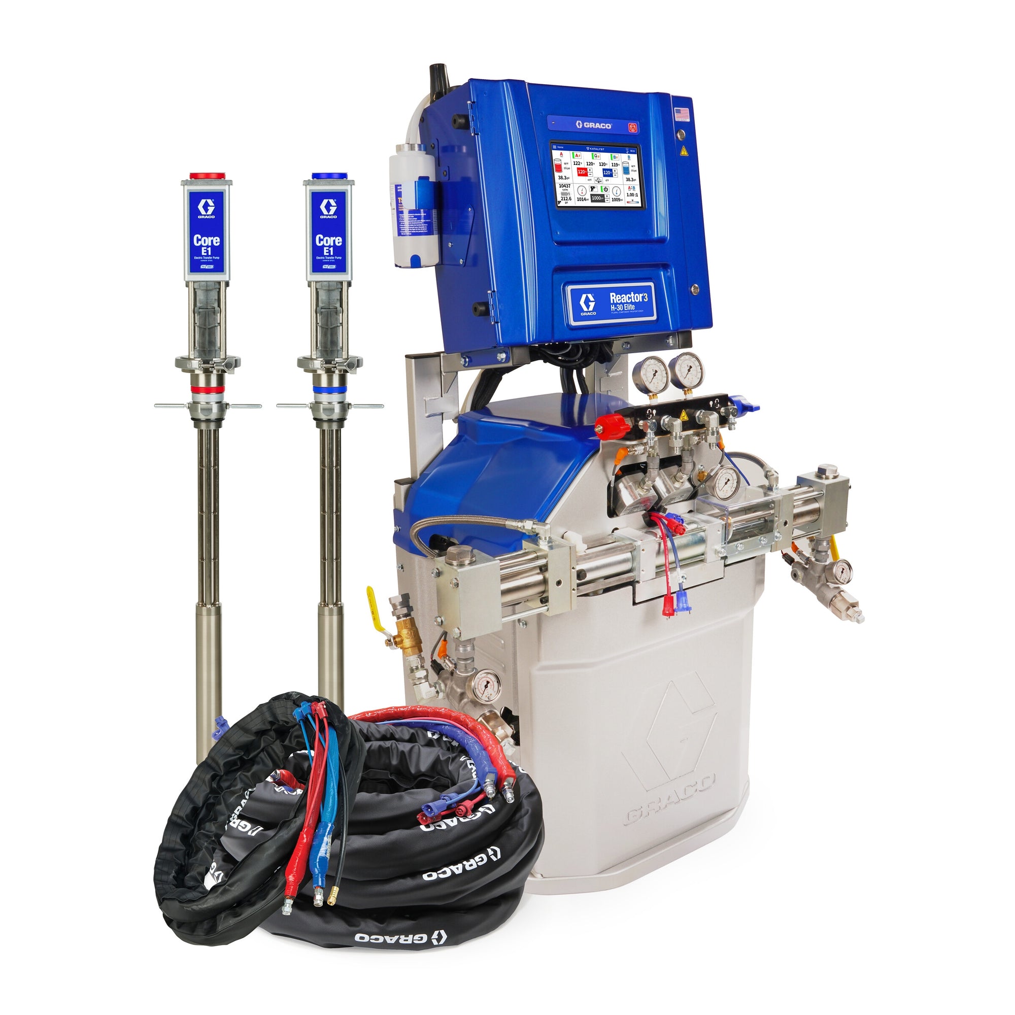 Reactor 3 H-30 Elite Tier Spray Foam Proportioner Package, 50 ft Internal Heated Hose, 20 ft Xcelerator Whip Hose, Core E1 Transfer Pumps, 60 Hz, Graco Part CSR357