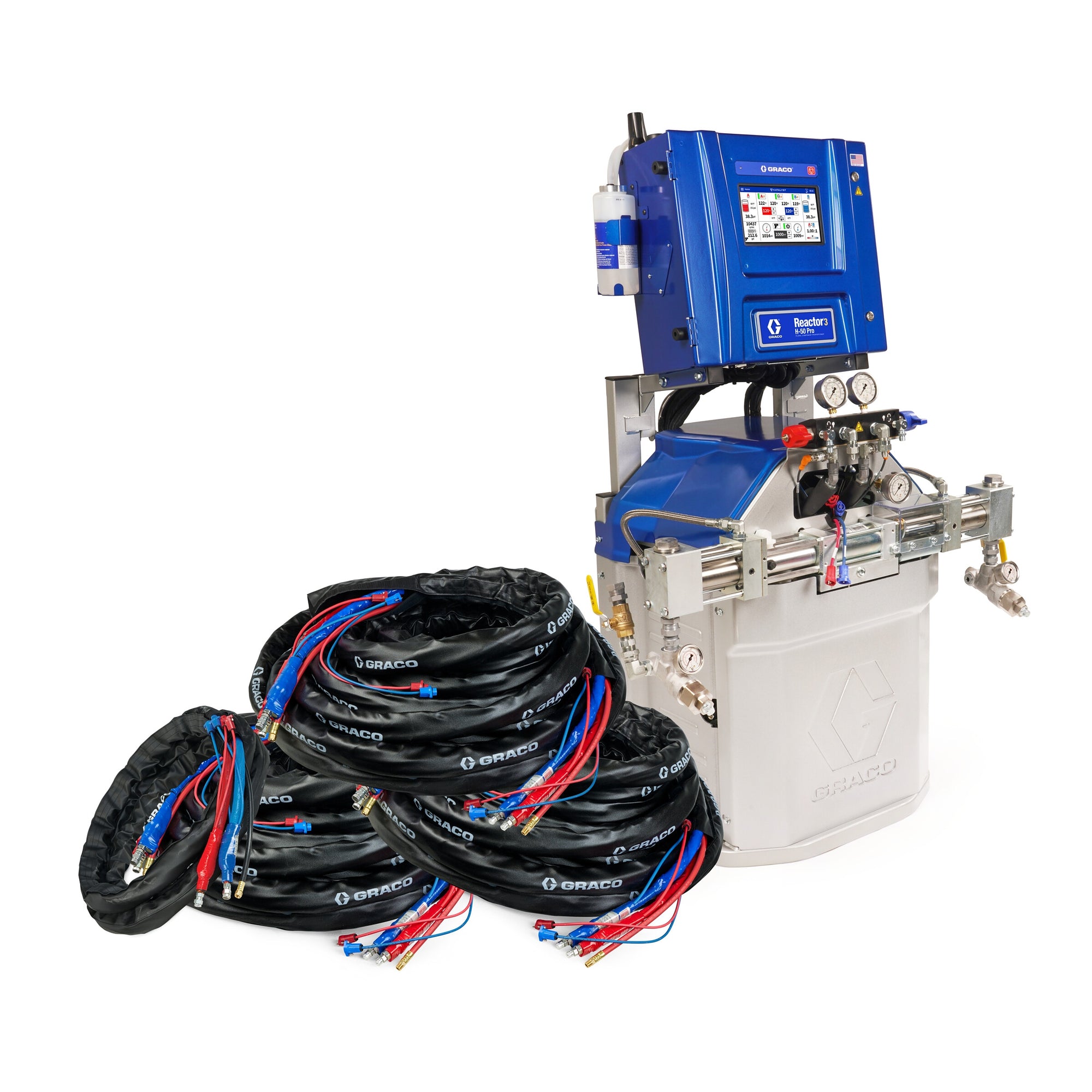 Reactor 3 H-50 Pro Tier Spray Foam Proportioner Package, 300 ft Internal Heated Hose, 20 ft Xcelerator Whip Hose, 230V, Graco Part IHR375